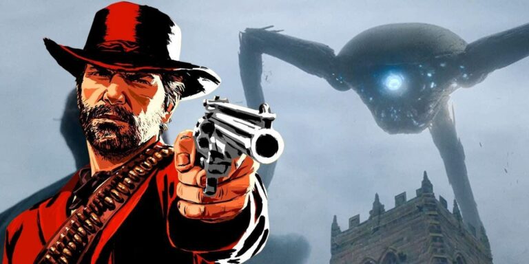 Red Dead Redemption 2 Arthur Morgan with an alien from War of the Worlds in the background