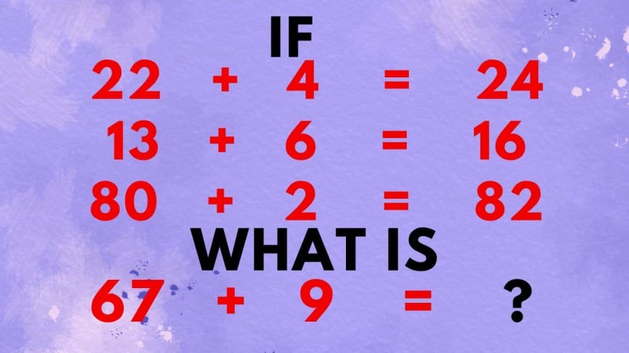 Brain Teaser: If 22+4=24, 13+6=16, 80+2=82 What Is 67+9=?