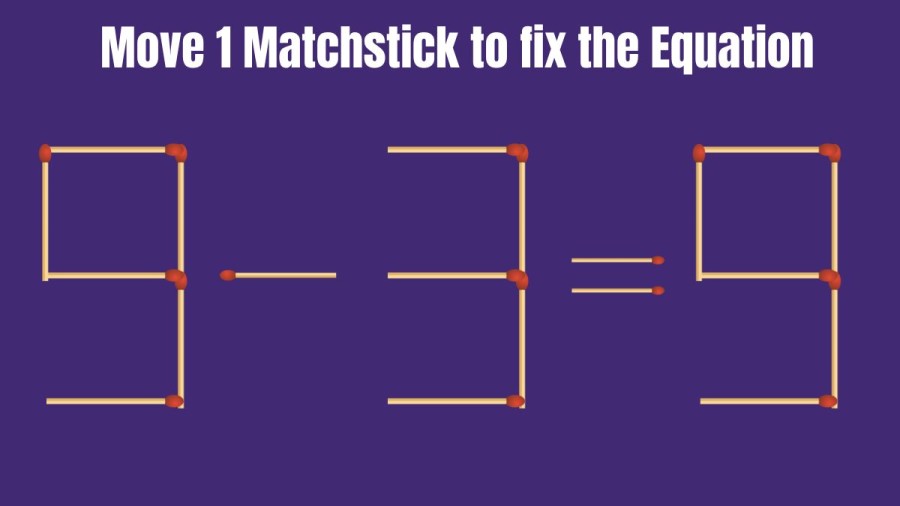 Brain Teaser Matchstick Puzzle: Can you Move 1 Matchstick to fix the Equation 9-3=9 in 14 Seconds?